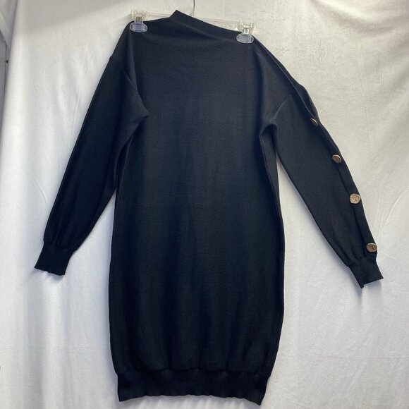 Simplee Knit One Shoulder Off Long Sleeve Sweater Dress Women Medium Black New - Picture 1 of 16